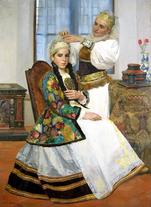 acuarela lui Robert Wellmann, Gatirea unei tinere sasoaice, din Galeriile de Arta Romaneasca Contemporana ale Muzeului National Brukenthal.