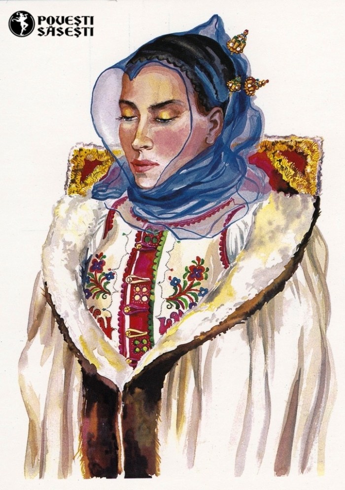Săsoaică purtând văl albastru din Viscri/Deutschweißkirch, Acuarelă 1982, Juliana Fabritius-Dancu
