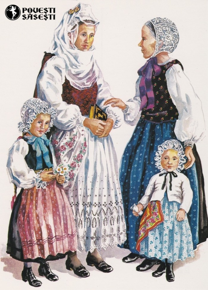 Săsoaice în costum de sărbătoare din Cisnădioara/Michelsberg, Acuarelă 1973, Juliana Fabritius-Dancu