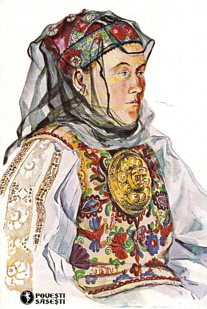 Săsoaică tânără în costum de sărbătoare din Zagăr/Rode (Mureș), Acuarelă 1975, Juliana Fabritius-Dancu