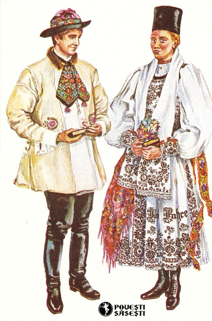 Ficior și fată din Gârbova/Urwegen în port de duminică din Slimnic, Acuarelă 1971, Juliana Fabritius-Dancu