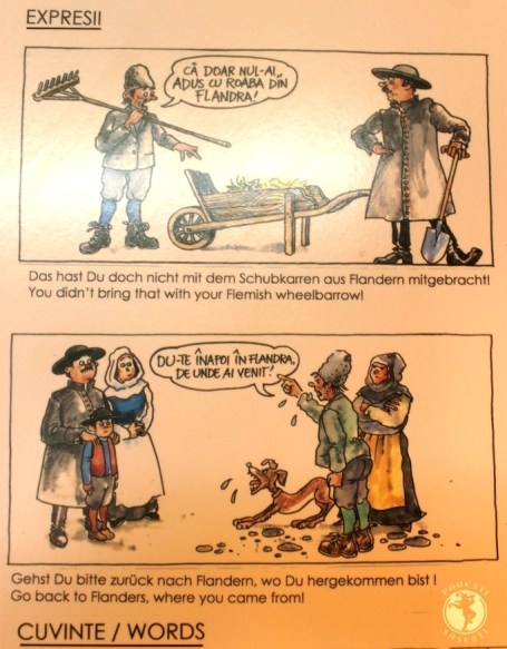 Exemplu de pe panourile explicative din muzeul bisericii fortificate de la Axente Sever/Frauendorf privind patrimoniul comun al sașilor din Transilvania și ținuturile lor de origine. (pe Valea Rinului, Flandra, Olanda, Luxemburg și Lorena).  Printre puținele locuri care privesc comparativ spațiul de origine și Transilvania, dpdv etnografic, lingvistic, cultural. Asta poate și pentru că inițiatorii proiectului de restaurare a bisericii au fost olandezi. Lingvistic, exemplul din imagine este sugestiv, deși expresia vorbește și despre anumite tonuri ostile la adresa sașilor. 