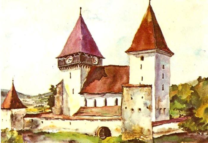 Merghindeal-Mergeln,  jud. Sibiu, acuarelade Juliana Fabritius-Dancu, 1969.