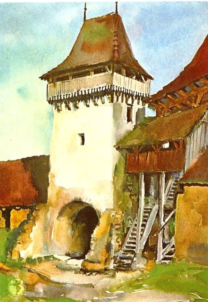 Turnul de poarta al cetatii taranesti din Viscri-Deutschweißkirch, acuarela  de Juliana Fabritius-Dancu, 1970.