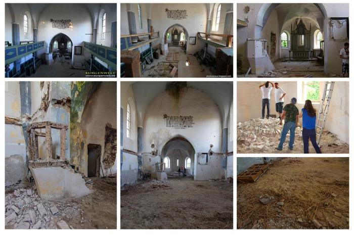 Biserica fortificată din Dobârca, de-a lungul timpului: stânga sus - interiorul de odinioară, spre dreapta imaginiii - situația actuală, cu primele lucrări de curățare a molozului în vara 2014. Sursa foto: Project Kirchenburg Dobring