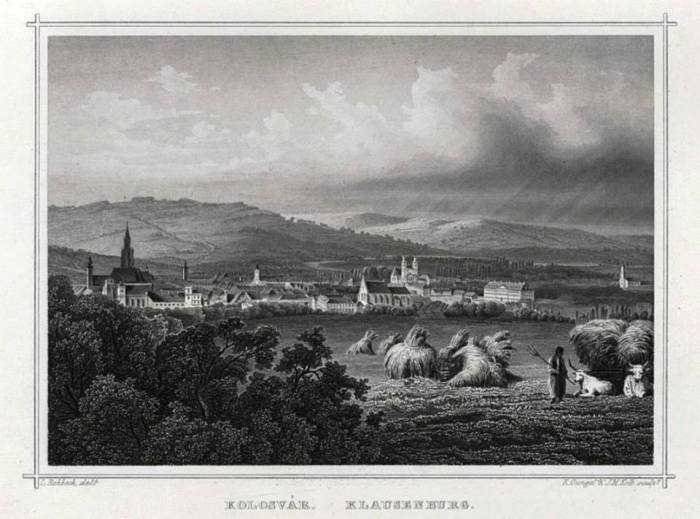 Cluj/Klausenburg/Kolozsvár. Ilustrată după o gravură semnată de K. Gungel și J. M. Kolb, după gravura originală a lui Ludwig Rohbock, din anii 1871-1875.