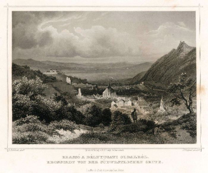 Brașov/Kronstadt, gravură de Ludwig Rohbock, János Hunfalvy: Ungarn und Siebenbürgen in malerischen Original-Ansichten, 1864. Sursa foto: Muzeul de Artă, Brașov 